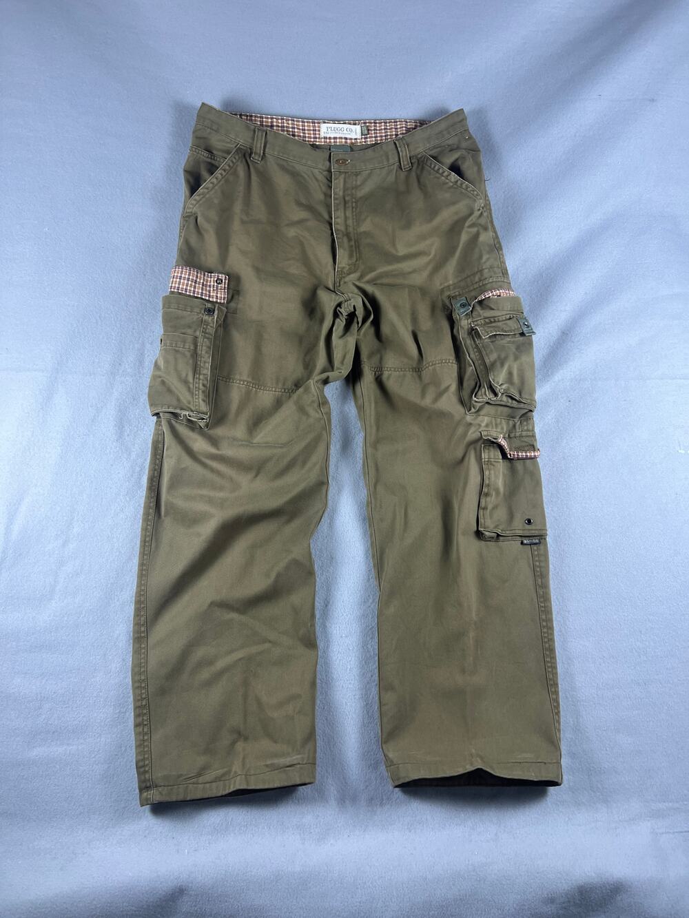 Plugg Cargo Pants Mens 36x32 Olive Green Plaid Trim Relaxed Fit Y2K Baggy Skate